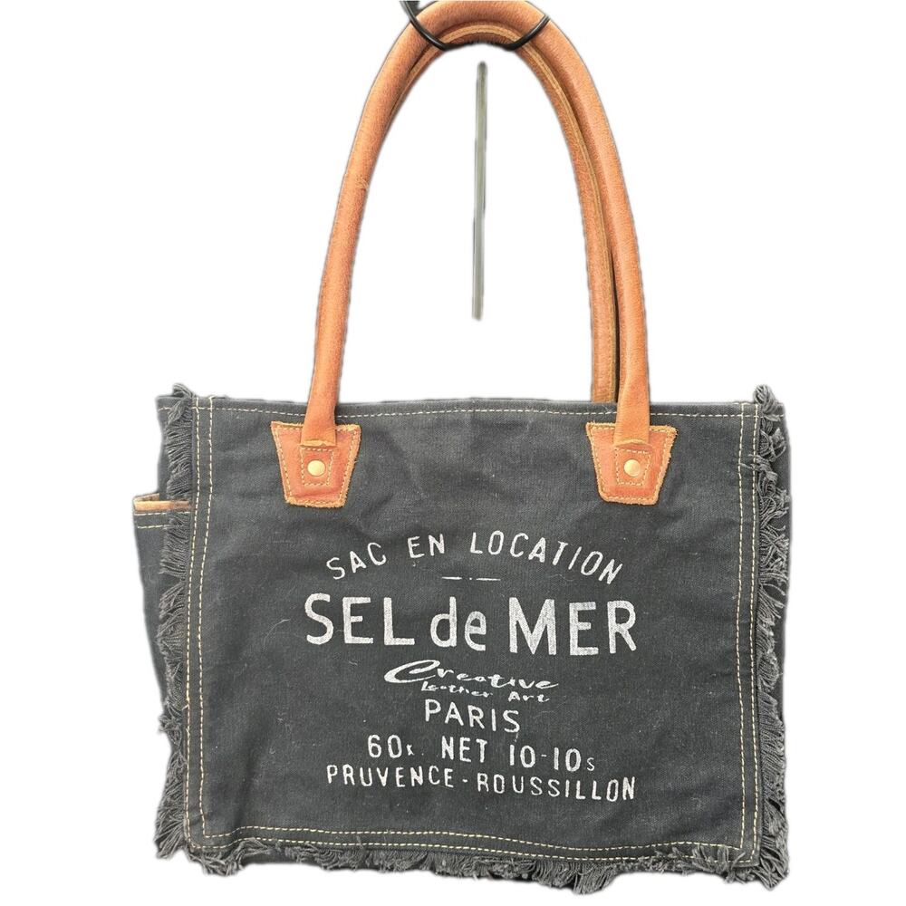 Myra Bags Upcycled Canvas Sel De Mer France Fringe Tote Bag Womens Navy